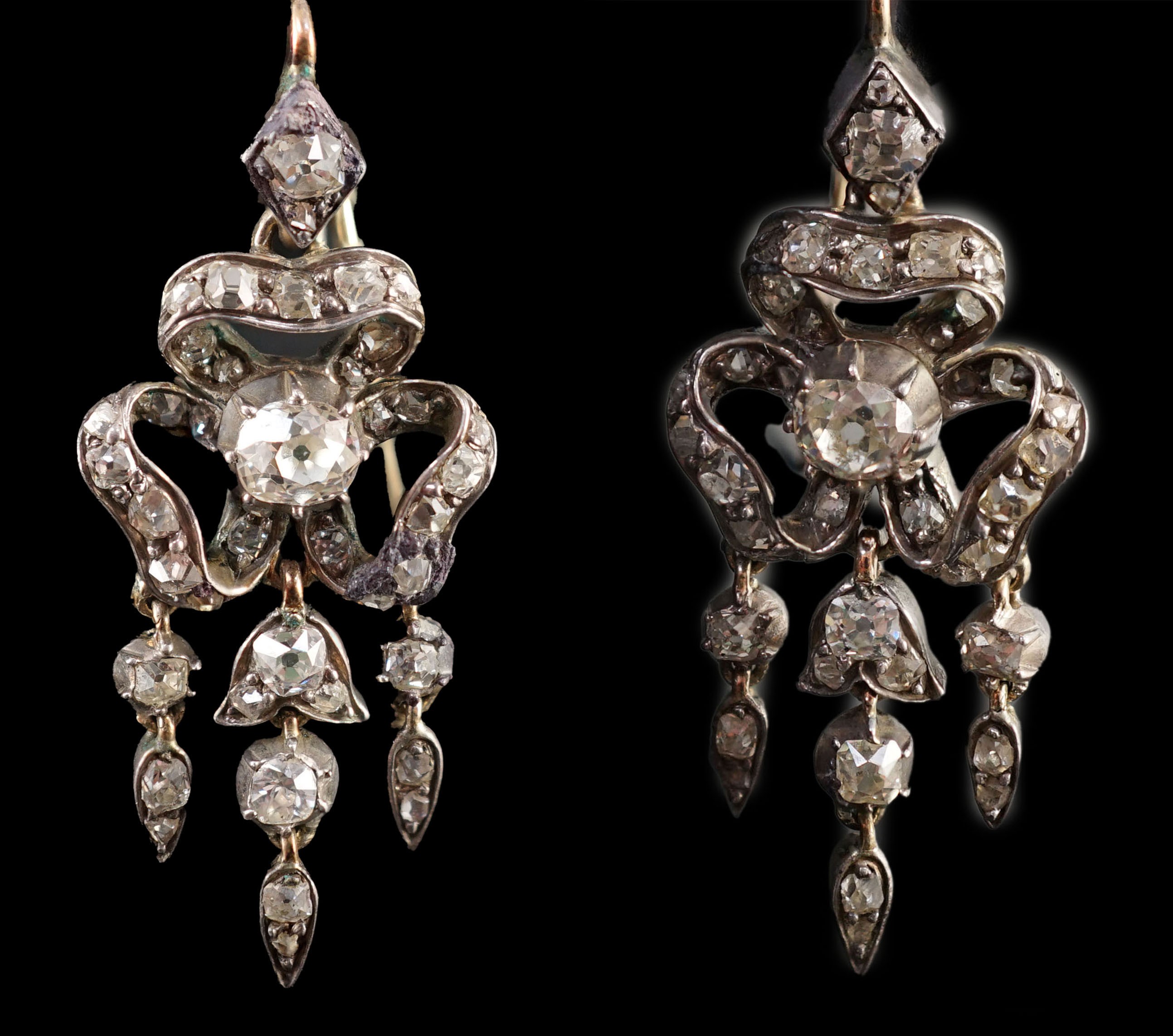 A pair of 19th century gold, silver and old cut diamond set drop earrings